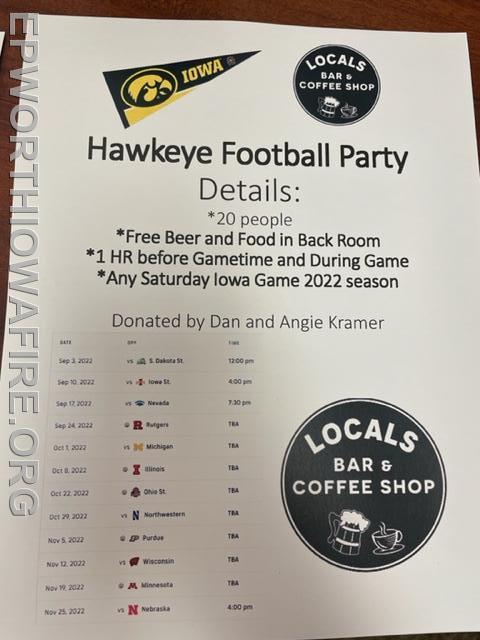 Hawkeye Football Party Donated by Dan and Angie Kramer at Local's Bar
