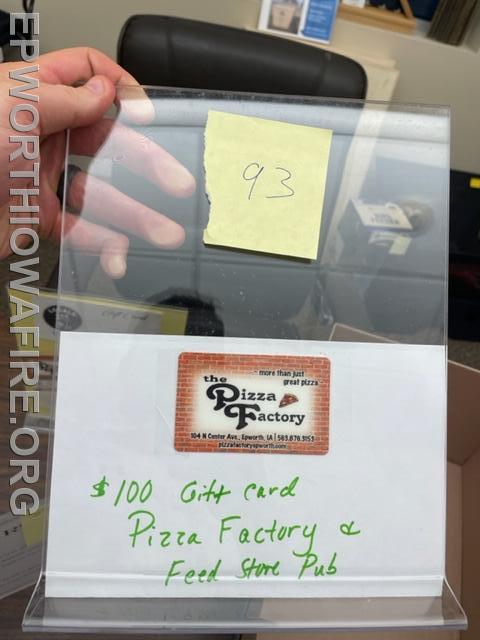 $100 Feed Store/Pizza Factory Gift Card donated by Dave and Karen Koss